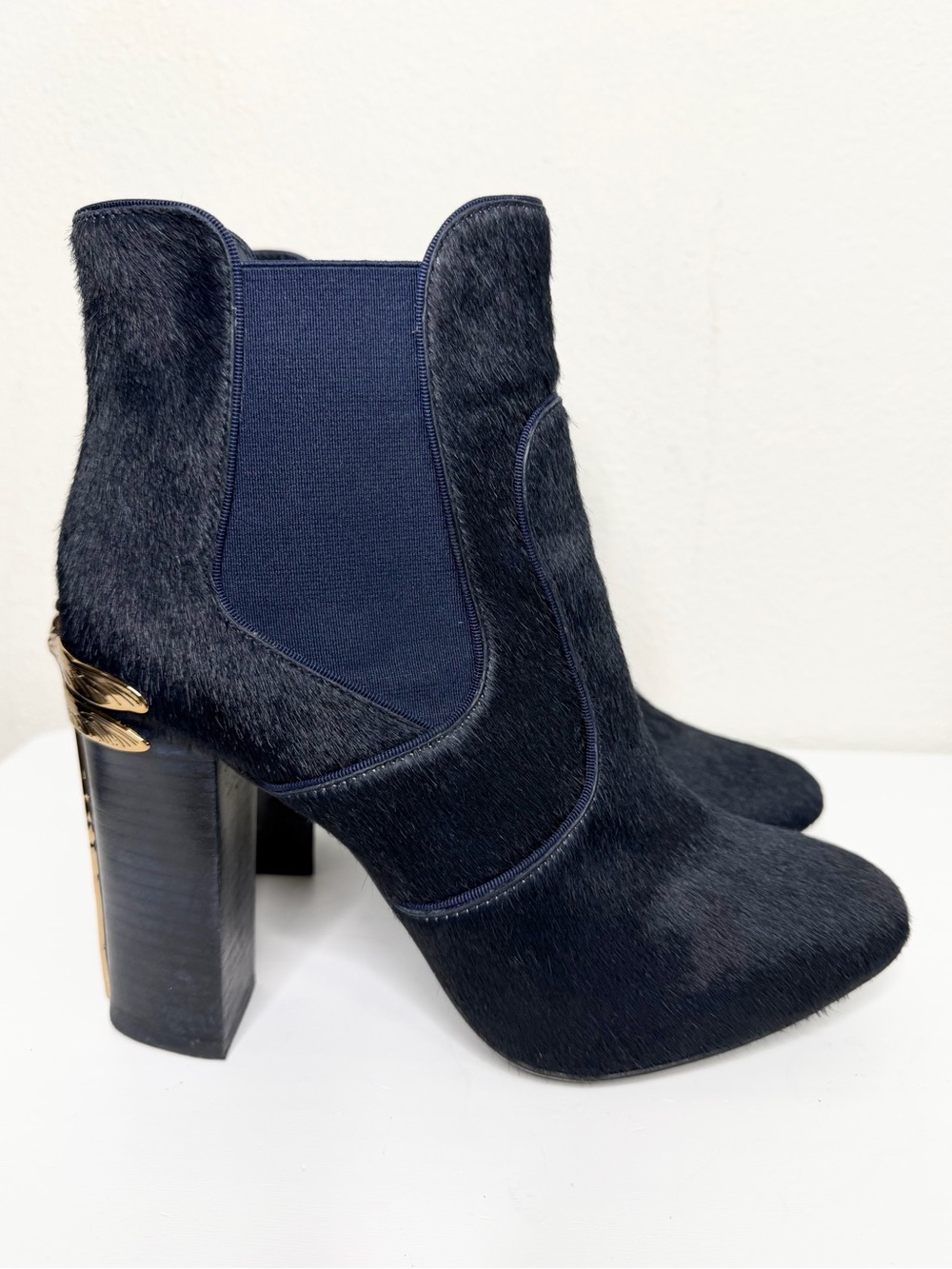 Tory Burch Theodora Gold Dragonfly Blue Ankle Boots Pony Hair Booties Size 10.5